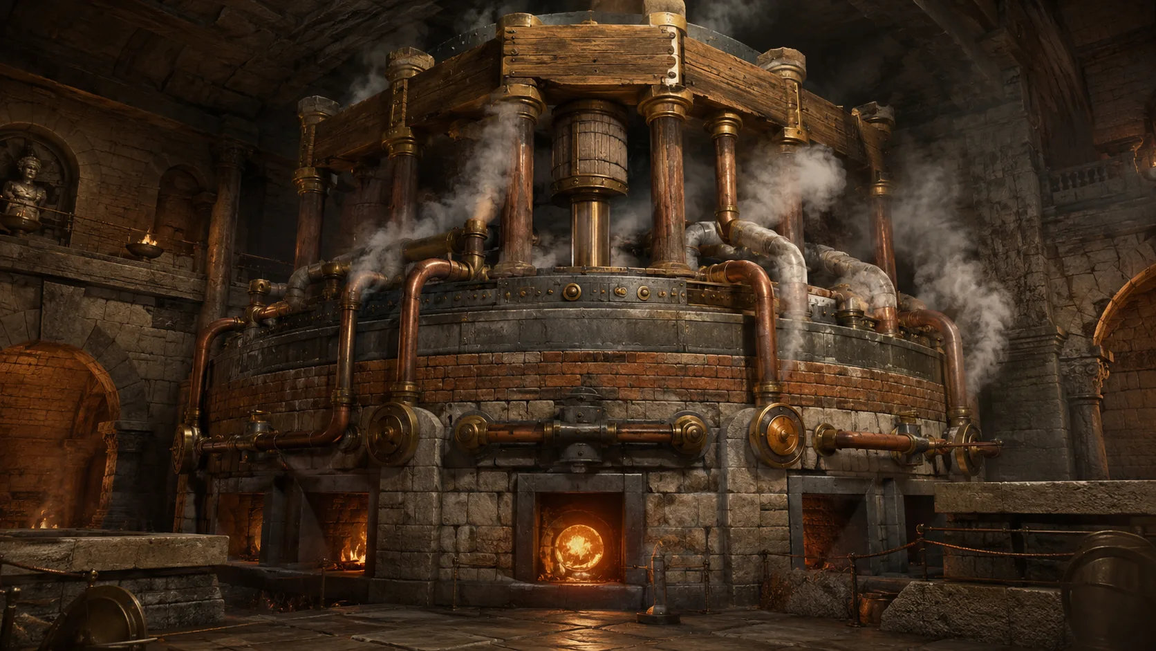 The closed furnace: nested shells of granite, lead, and fired brick, with sealed copper channels feeding a great piston of oak bound in bronze.