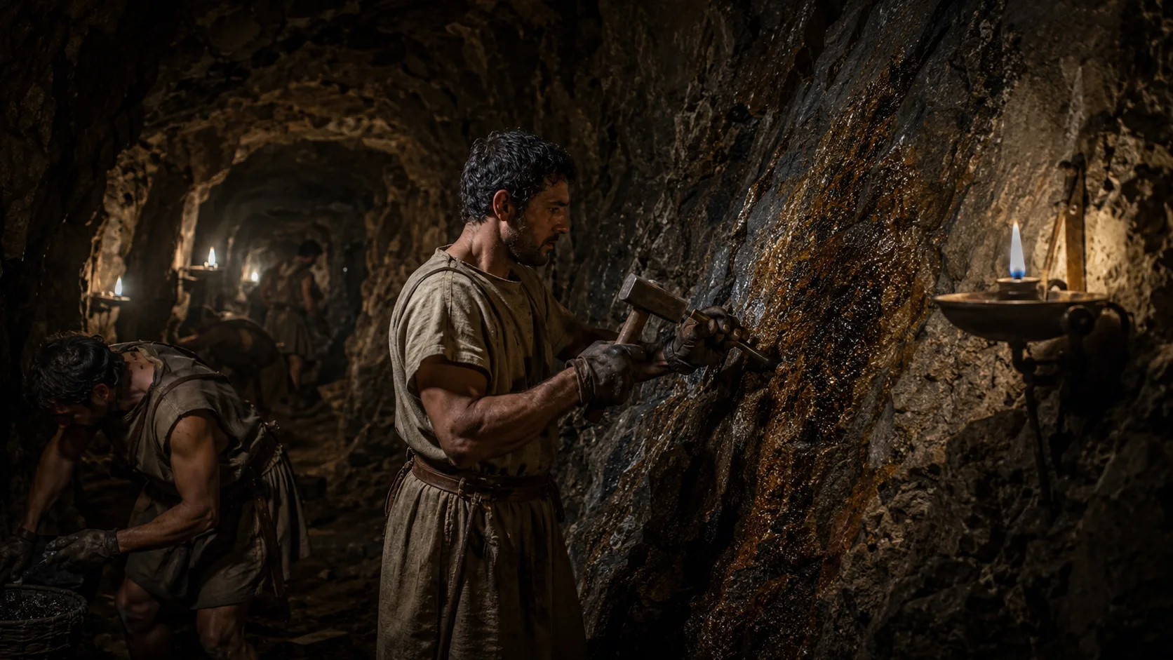Oil-lit tunnel beneath the eastern Alps, miners cutting the warm dark seam in boiled-leather gloves.