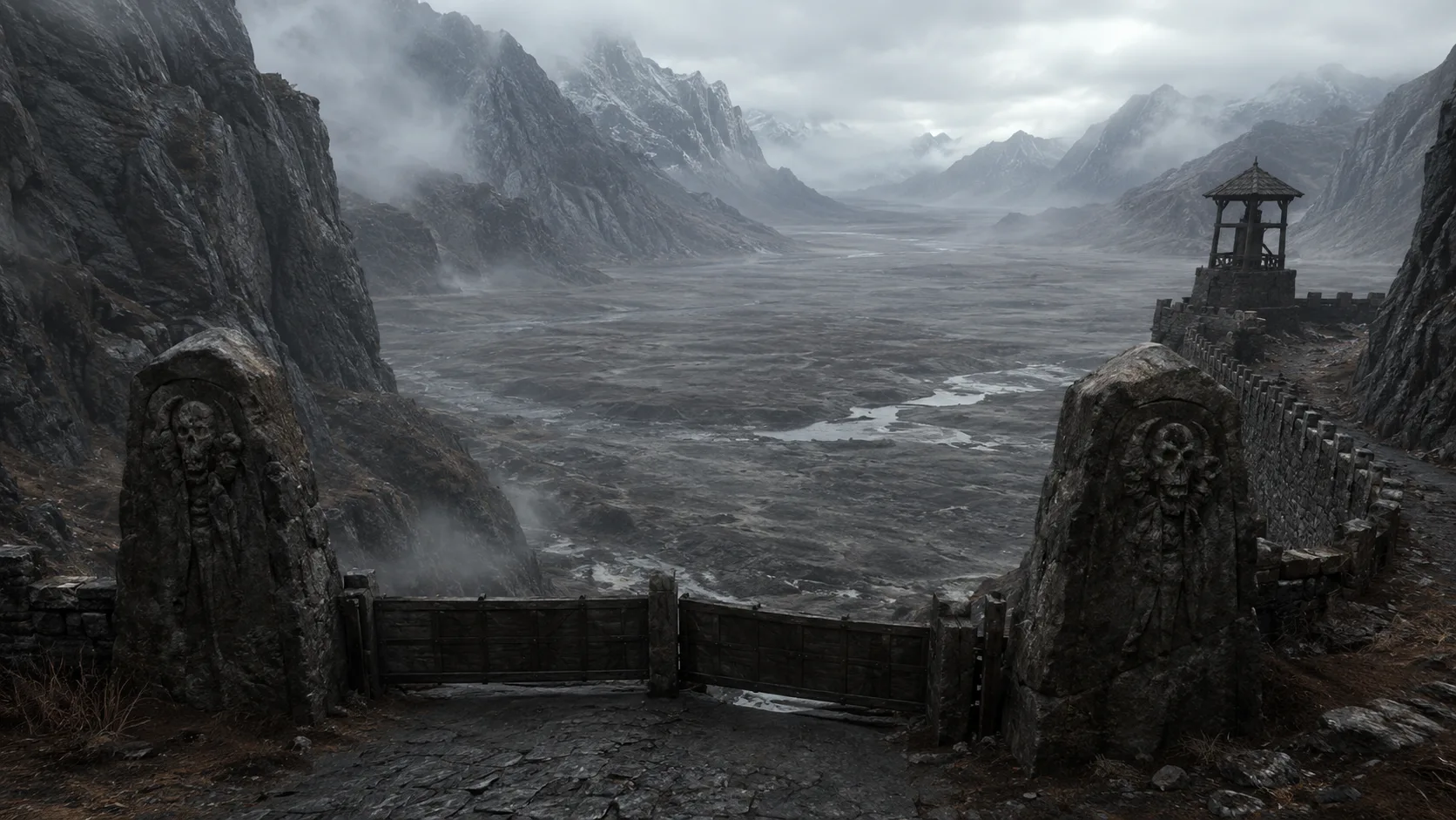 A sealed valley head walled and posted with carved warning stones, the low ground bare and unnaturally silent.
