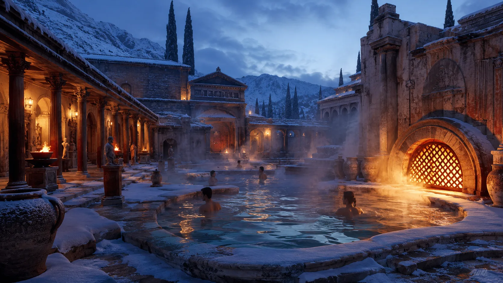 A northern bathhouse open in deep winter, its pools breathing steam into falling snow beside a stamped state furnace vent.