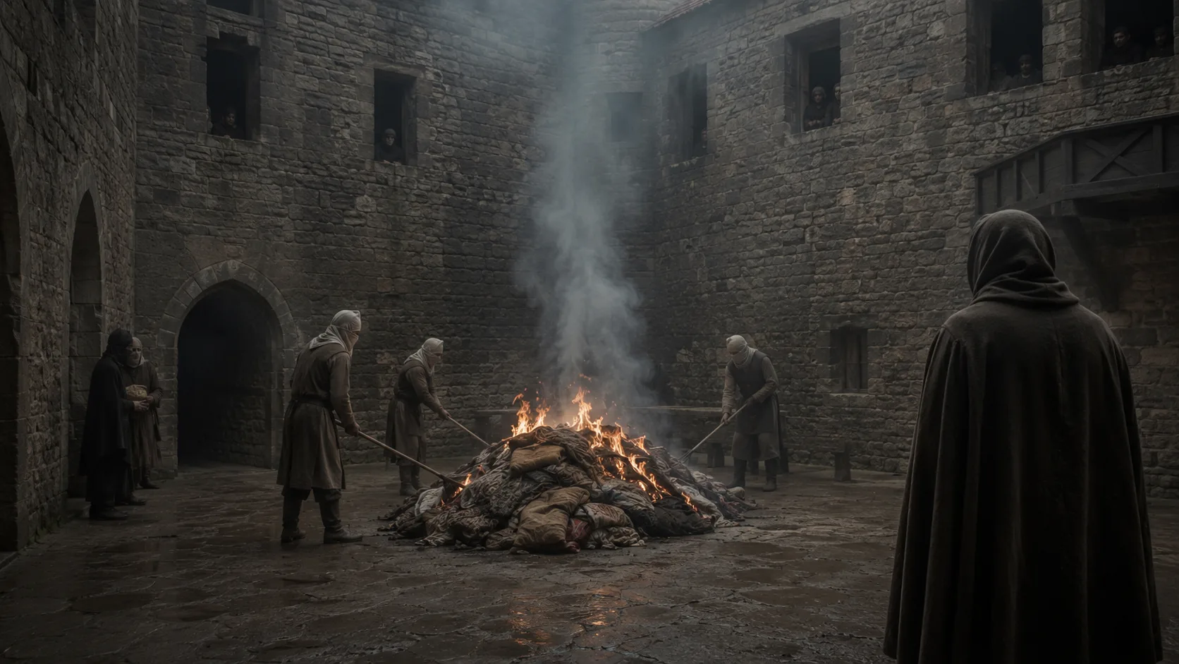 A stone courtyard where the burial fraternity burned the bedding of the dead, its thin gray smoke watched each morning from the windows above.