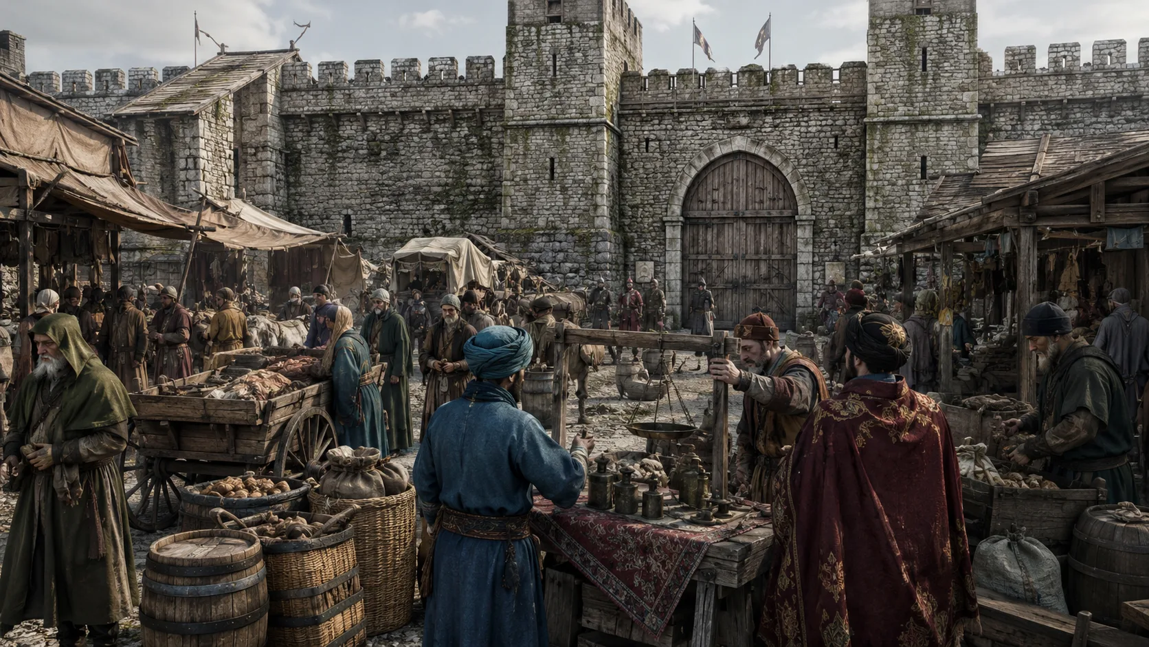 The outer market beyond the wall, where foreign traders unloaded goods they were never permitted to carry inside.