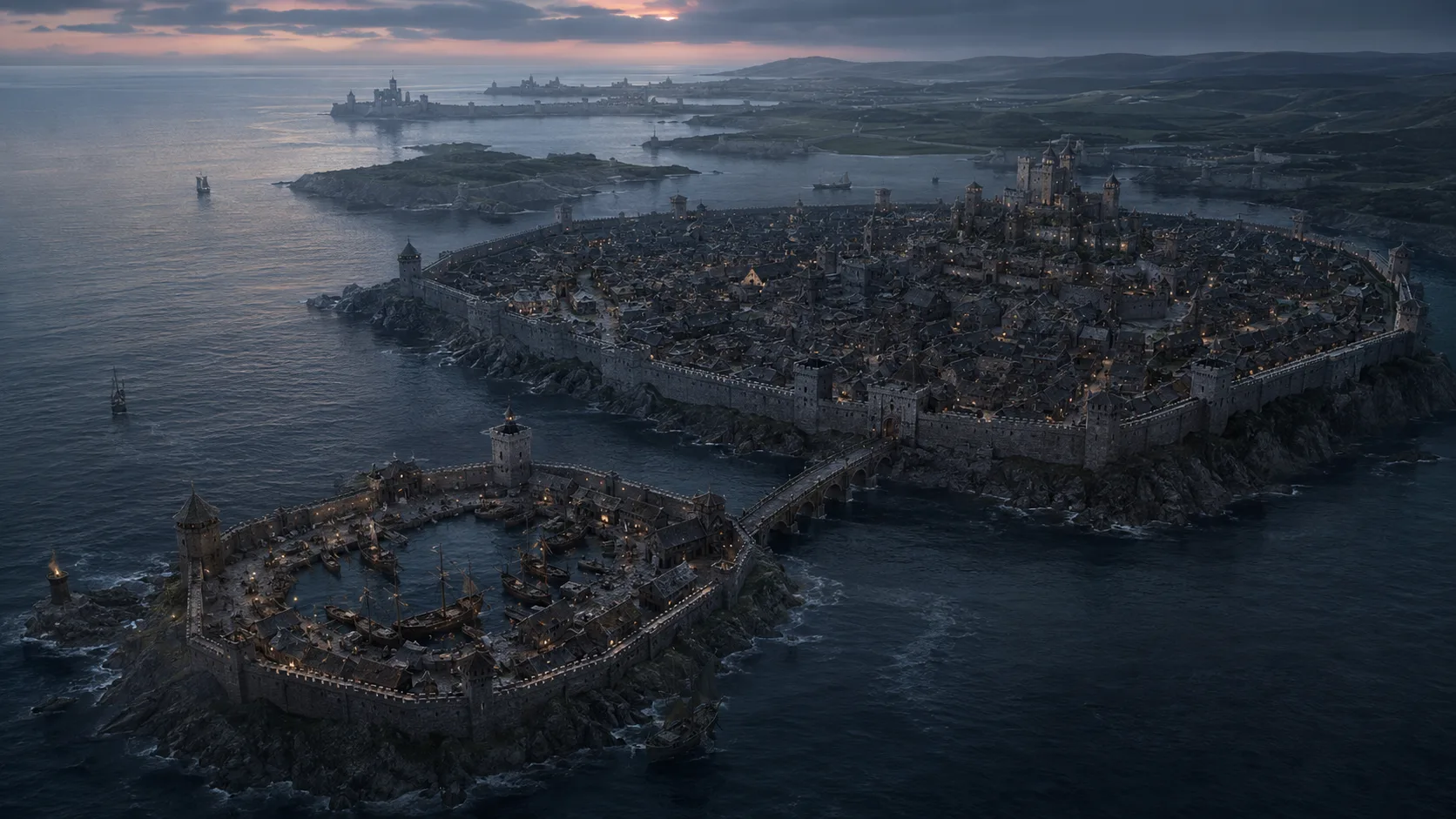 A coastline of walled towns joined by timber bridges built to be pulled apart, each harbor its own guarded island of piled stone.