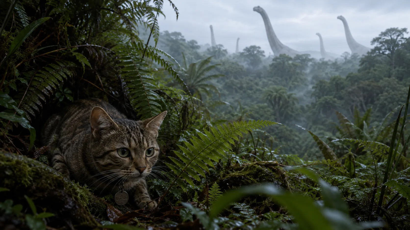 A short-haired tabby crouched low in Jurassic ferns beneath distant sauropods, collar still on, brass tag gone dull.