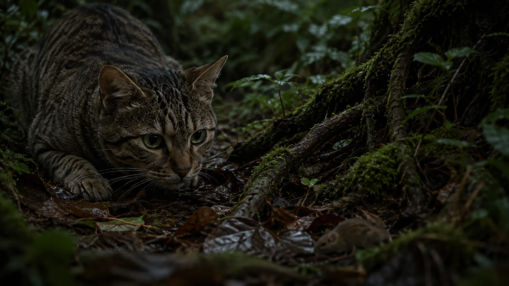 The cat flattened among the roots in the last stillness before a strike, hunting the small warm-blooded animals of the forest floor.