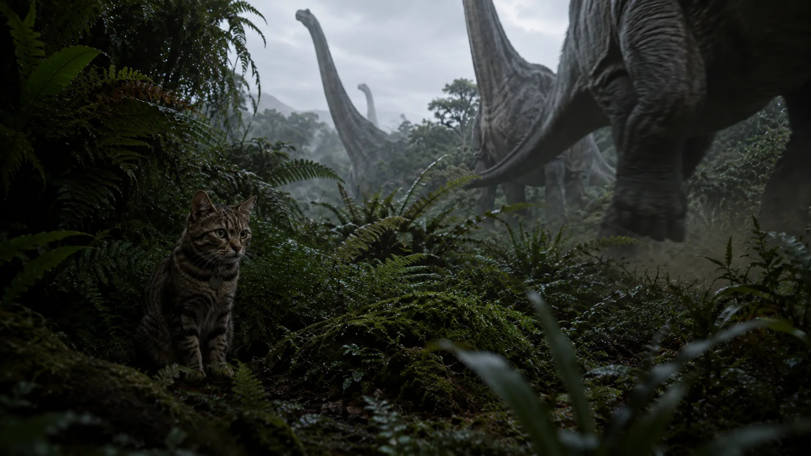 The cat sitting motionless in the green half-dark as a procession of giants passes beyond the ferns.
