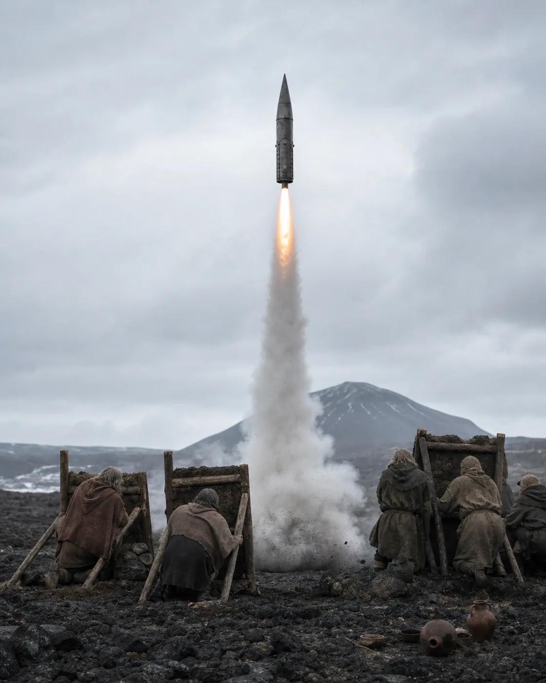 A small riveted iron rocket ascends from an Icelandic lava plain as engineers shelter behind timber-and-turf screens.