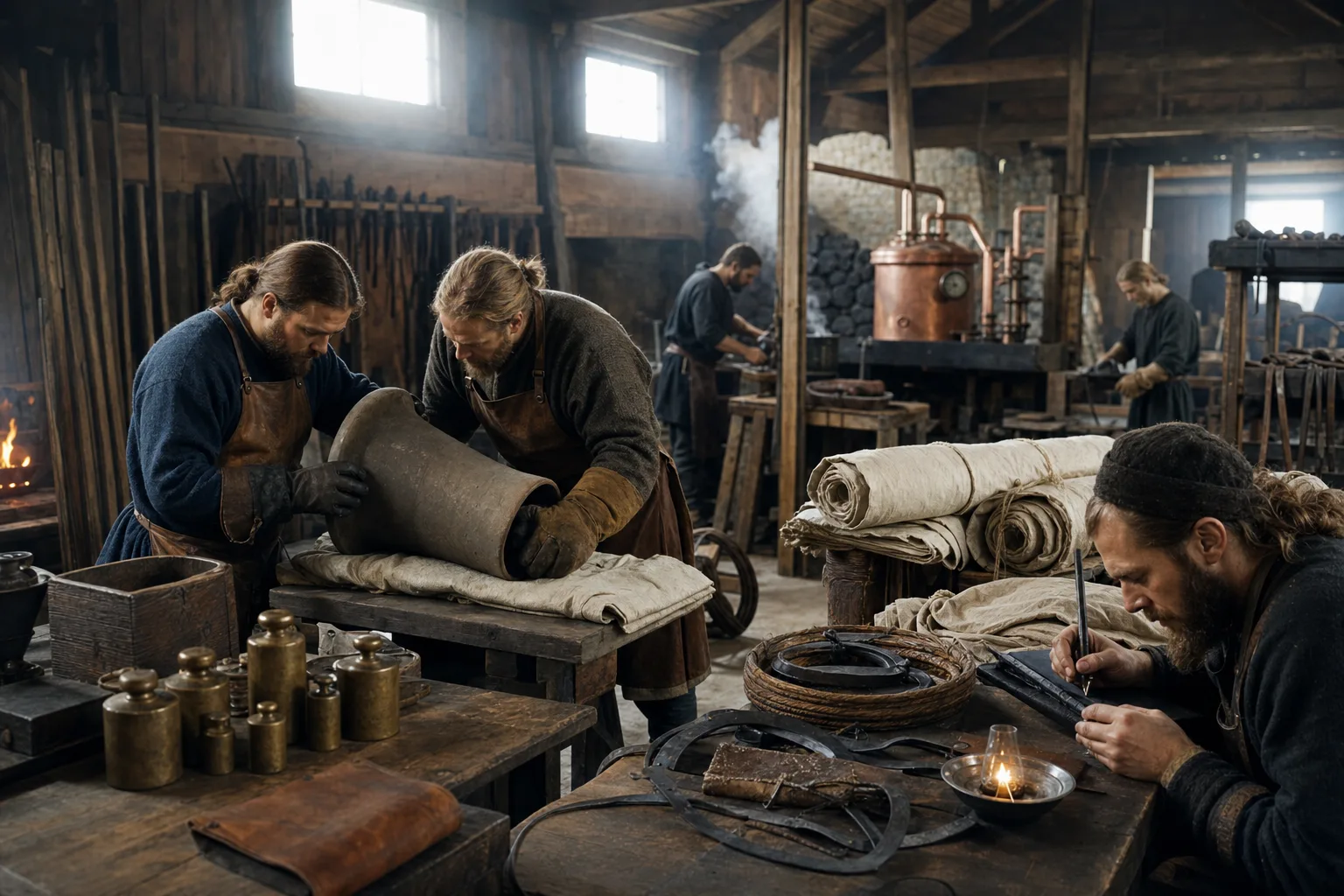 Norse engineers inspect a ceramic nozzle amid sailcloth, bronze weights, leather seals, and geothermal equipment.