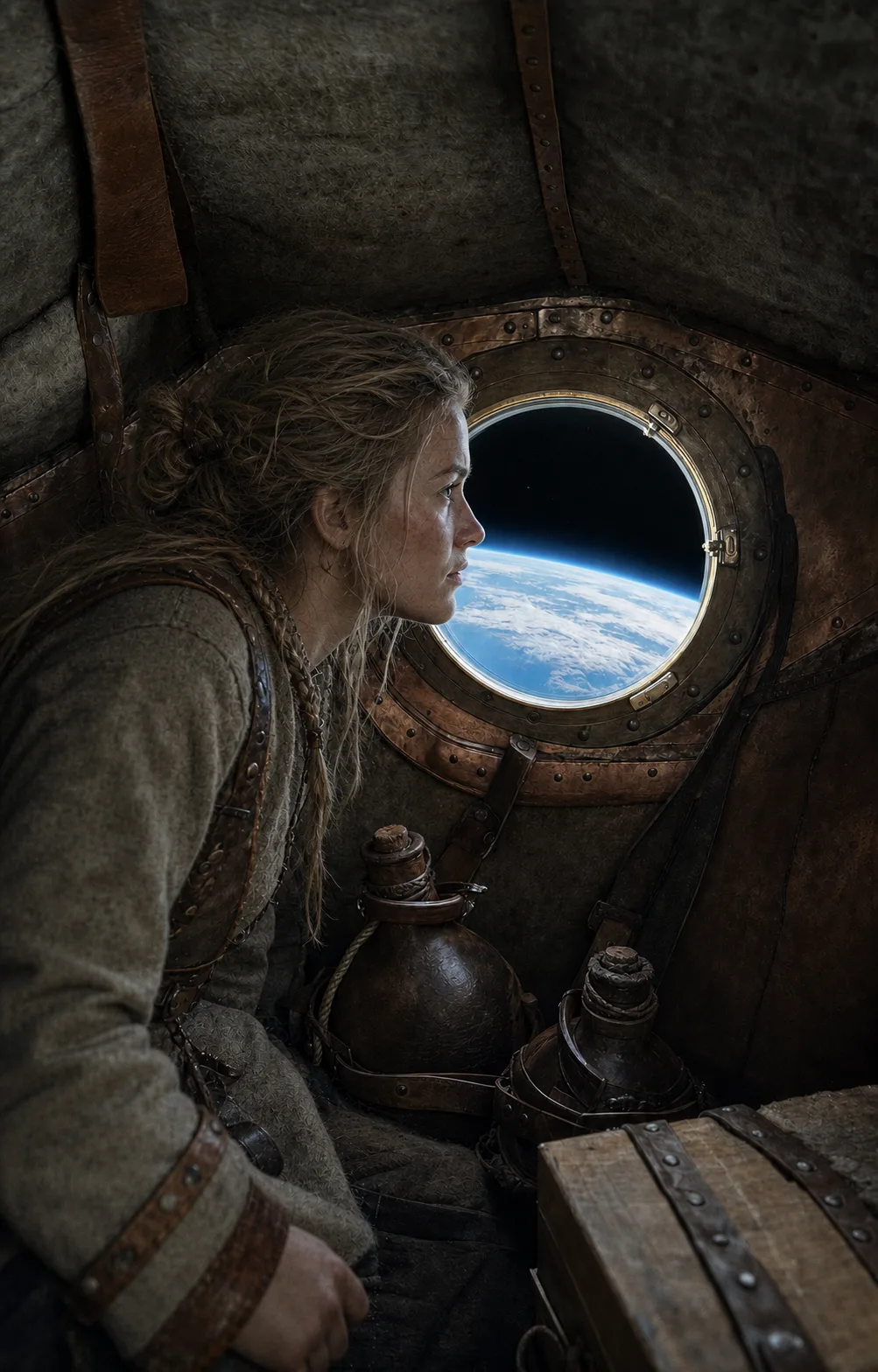 Sigríðr, a Norse navigator, looks through a bronze-rimmed capsule window at the curved Earth below.